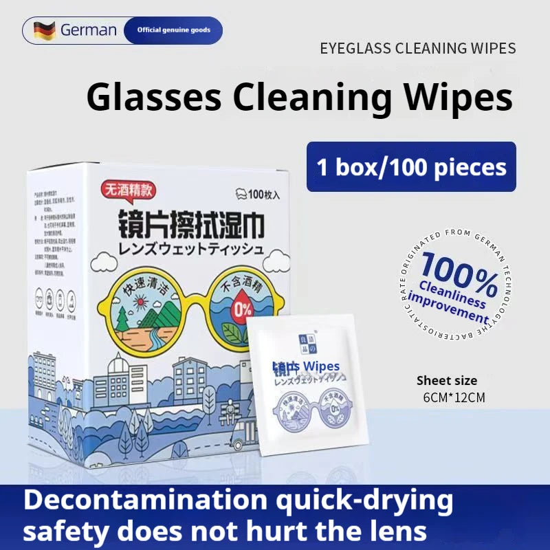 100Pcs/Box Glasses Cleaner Wet Wipe Disposable Anti Fog Misting Dust Remover Cleaning Lens Wipes Sunglasses Phone Screen