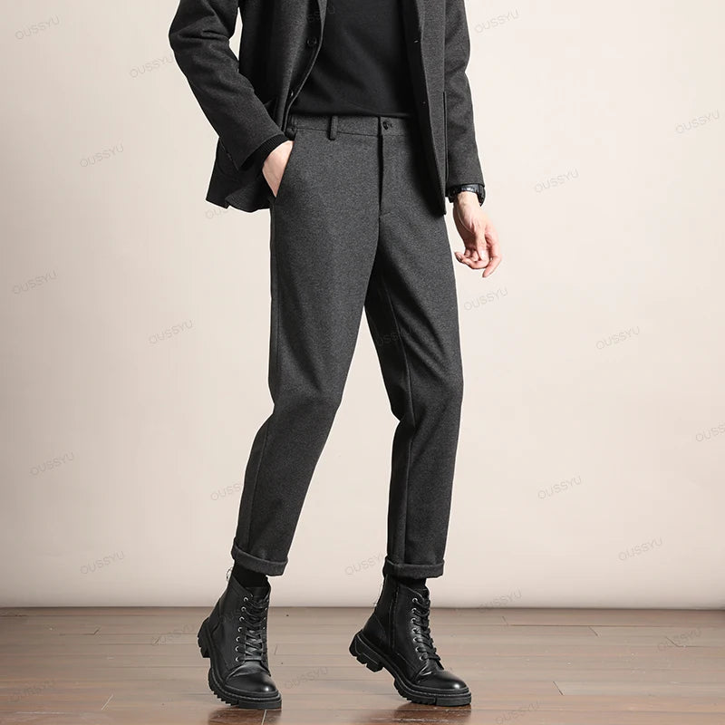 Brand Clothing Autumn Winter Luxury Suit Pants Men Thick Business Elastic Waist Woolen Ankle Pant Korean Formal Long Trousers