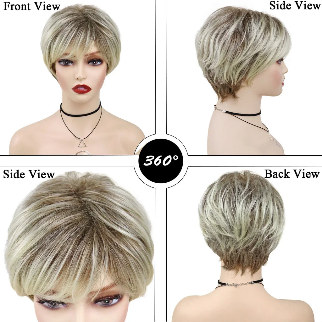 Old Lady Synthetic Hair Blonde Wig with Bangs Natural Short Wig for White Woman High Temperature Blond Ombre Mommy Wig for Daily