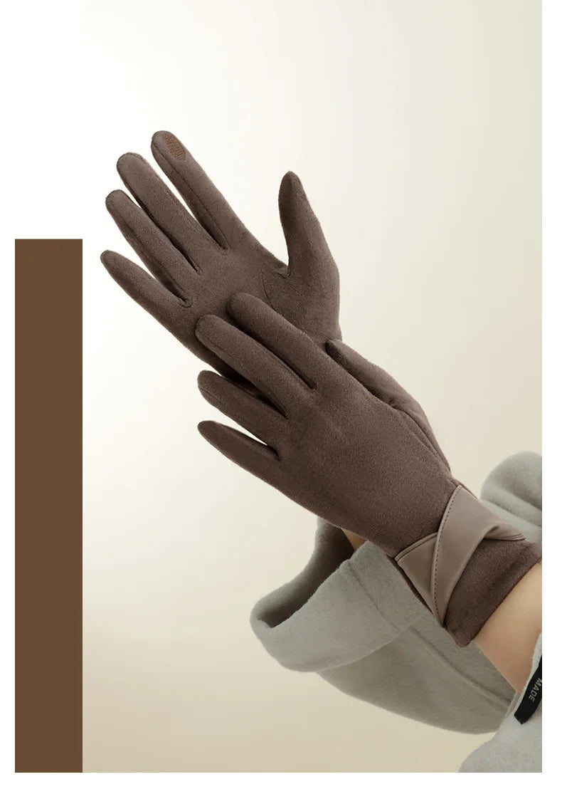New Suede Gloves for Women Winter Plus Velvet Warm Commercial Style Temperament Bow Touch Screen Riding Driving