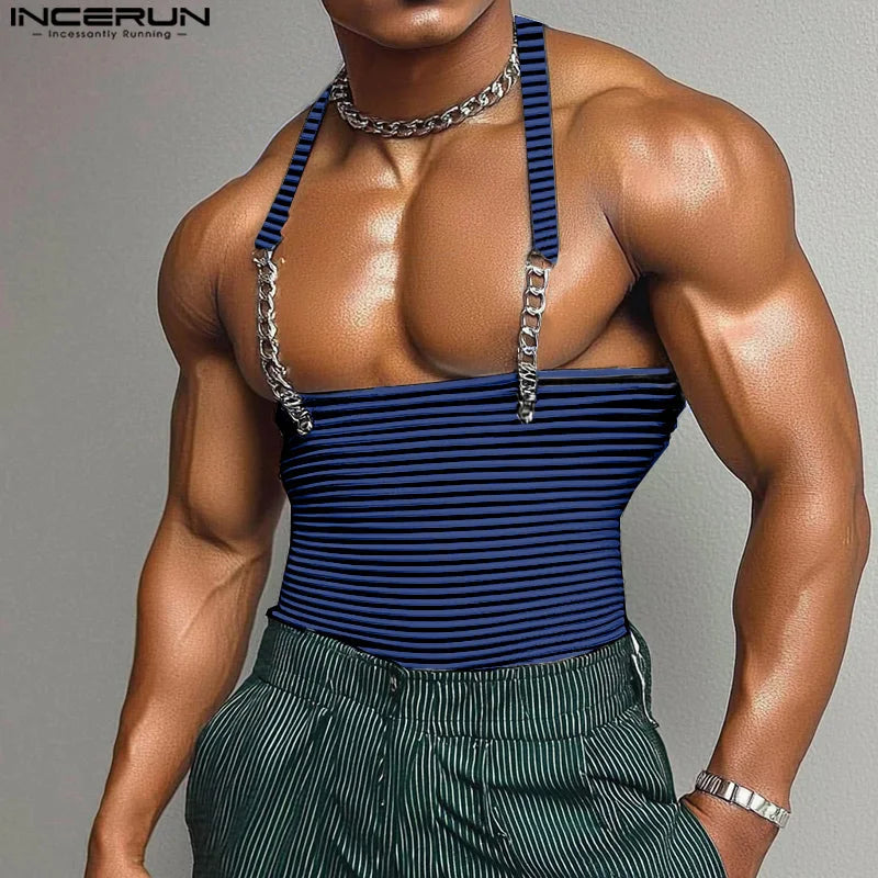INCERUN Tops 2025 American Style Fashion New Men Striped Metal Strip Hanging Neck Vests Summer Sexy Casual Personality Tank Tops