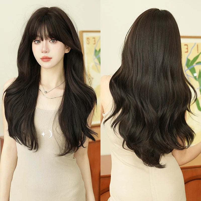 7JHH WIGS Body Wavy Wig Long Loose Curly Brown Wig for Women Daily Use High Density Synthetic Layered Hair Wigs with Bangs