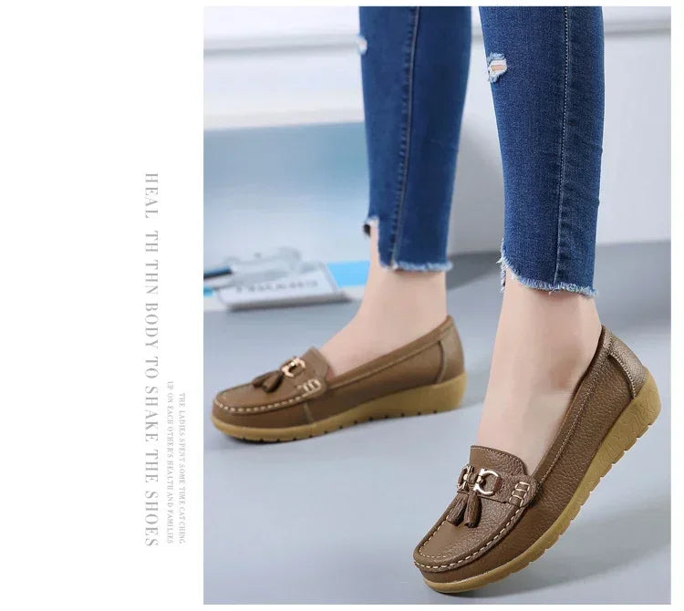 Spring Summer Breathable Casual Loafers For Women Platform Leather Comfort Wedge Moccasins Ladies Vulcanized Sneakers 44