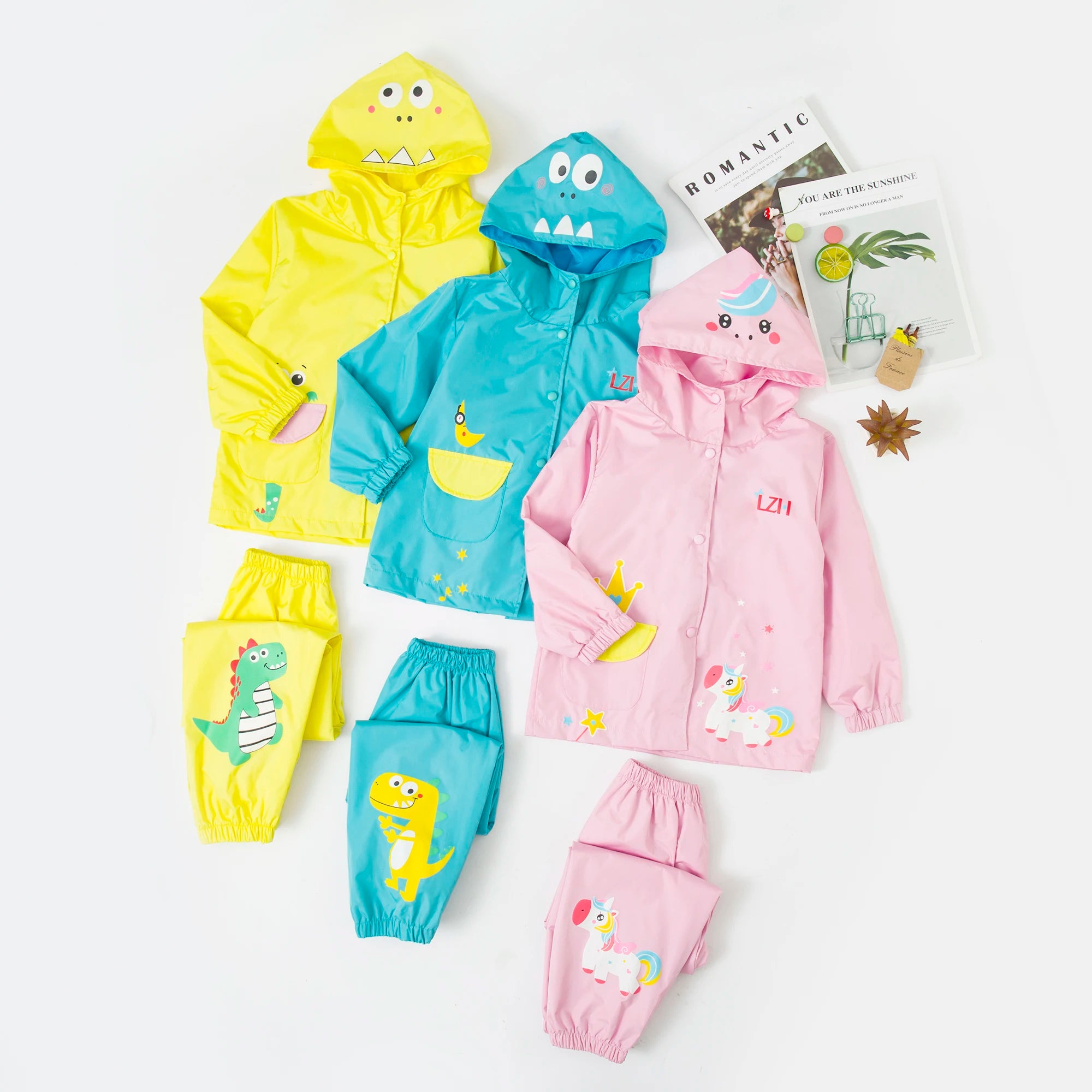 Spring Unicorn Waterproof Clothes Long Sleeve Boy Girls Outfits Hoodie Coat+Pants Sets Raincoat Children Clothing 2 4 6 Years