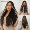 LOUIS FERRE Brown Blonde Highlights Wigs For Women Daily Long Wavy Curly Synthetic Wigs Natural Heat Resistant Hair With Bangs