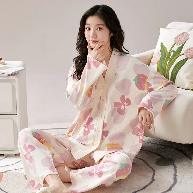 Y2k Women's 100% POLYESTER Pajamas with Cartoon Print Korean Fresh Ins Style Harajuku Lounges 2pcs 2024 New Spring/fall Homewear