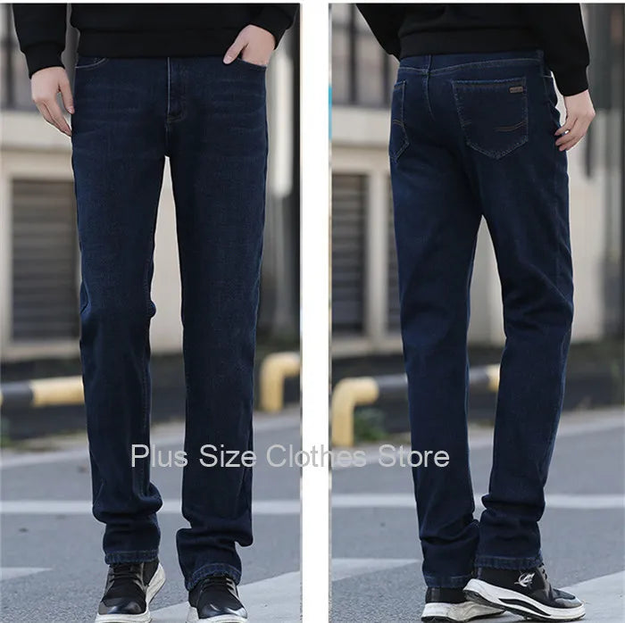 Tall Man Fleece Jeans 117CM Extra Long Stretched Plus Size 42 44 Fit Trousers Warm Autumn Winter High Waist Denim Pants Trousers