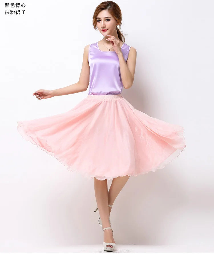 Summer Women Silk Tutu Skirts Chiffon Pleated Dance Beach Wedding Party Skirt Black White Elastic High Waist Midi Skirts