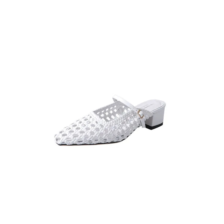 NEW Summer Women Mules Fabric Shoes for Women Pointed Toe Chunky Heel Shoes Cover Toe Slingback Shoes Soft Hollow Modern Sandals