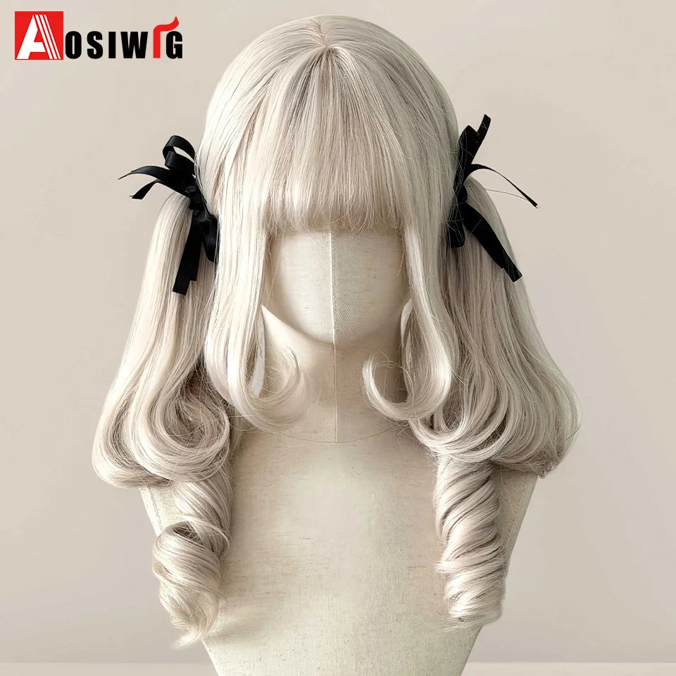 AOSI Synthetic Long Curly Wig Double Ponytail Cute Lolita Women Wigs Halloween Cosplay Style Blonde Brown Party Wig