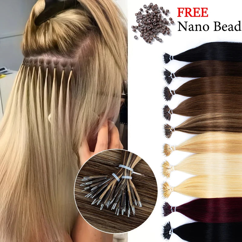 BOYMIA Nano Hair Extensions Human Hair Natural Straight for women Invisible Add Length and Volume 12-22inch 30G Free Nano Bead