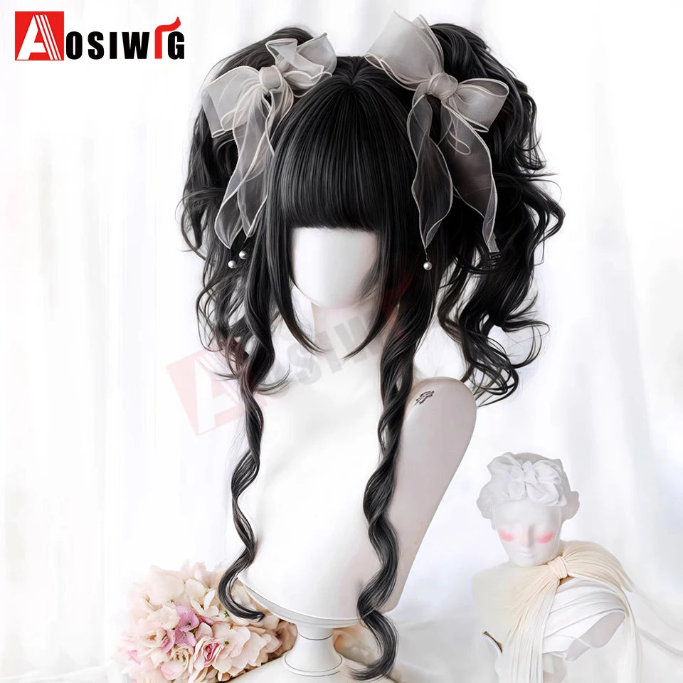AOSI Synthetic Long Curly Wig Double Ponytail Cute Lolita Women Wigs Halloween Cosplay Style Blonde Brown Party Wig