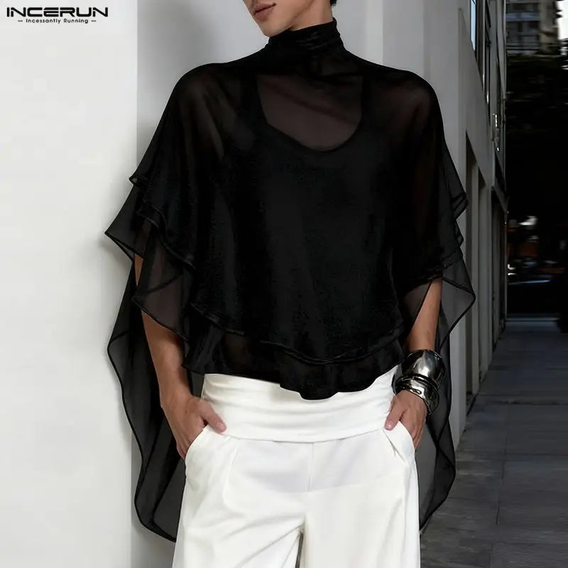 INCERUN Men Irregular T Shirt Solid Color Chiffon Turtleneck Ruffle Male Tee Tops Streetwear Loose Fashion Casual Men Clothing