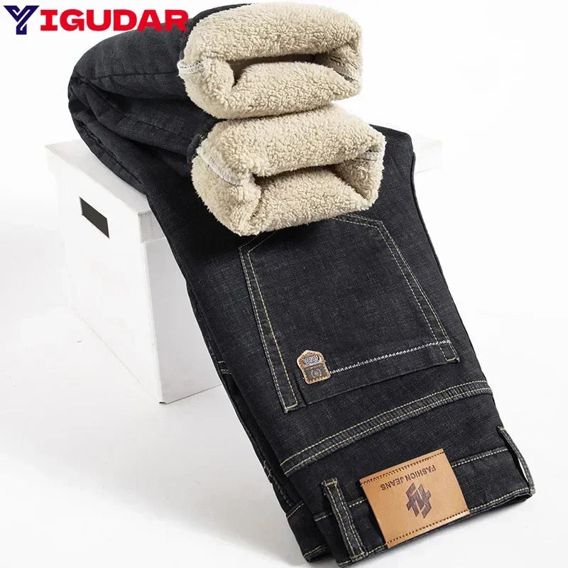 Winter Lamb Fluff Denim Straight Pants Men Thicken Big Size 40 Jeans High Waist Stretch Jeansy Fleece Lined Warm Slim