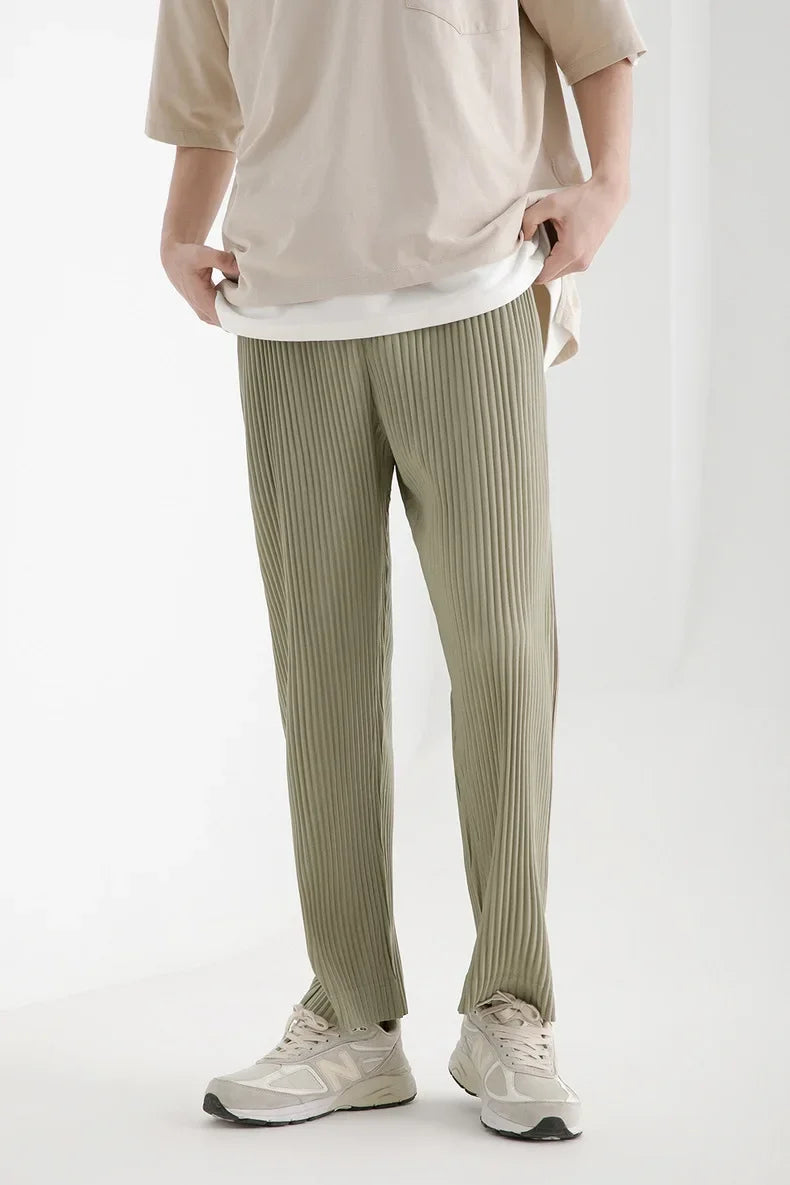 Pleats Pleated Commuter Pants Men's 2024 Autumn New Draped Elastic Trousers Casual Japanese Men Solid Color Nine Minute Pants