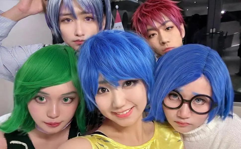 Synthetic Blue Sadness Wig【+Wig Cap+Glasses】Short Blue Bob Wigs Cosplay Wig Women Straight Blue Wig Costume Outfit Halloween
