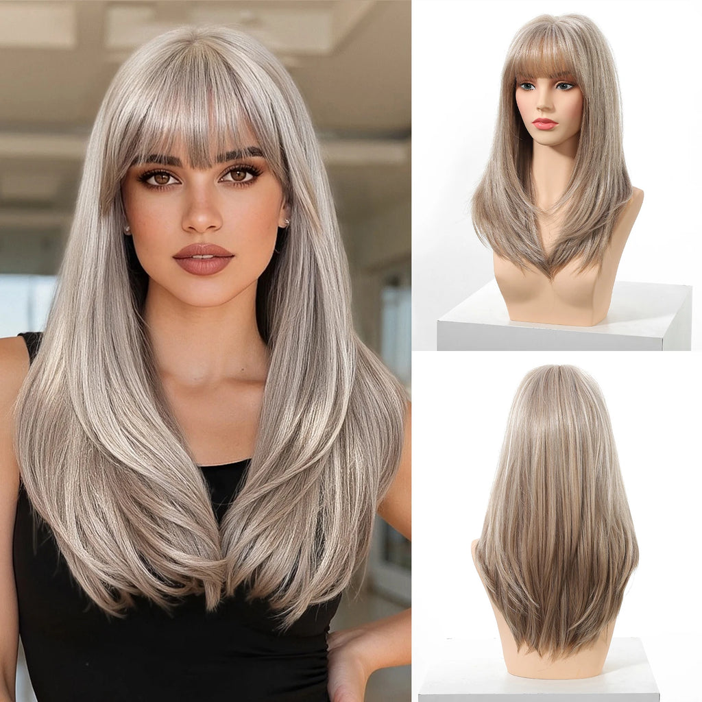 EASIHAIR Purple Synthetic Wigs for Women Long Straight Layered Hair Wigs With Side Bangs Ombre Purple Black Wigs Heat Resistant