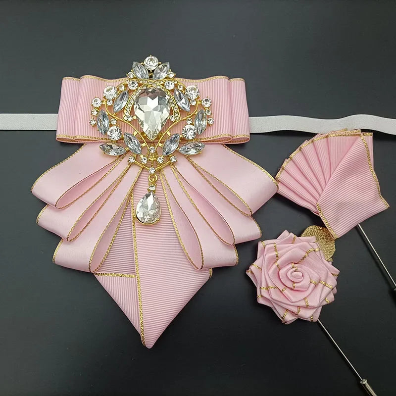 Vintage British Banquet Suit Shirt Collar Flowers Luxury French Men's Jewelry Bow Chest Clip 3-piece Set Wedding Bows Brooch Set
