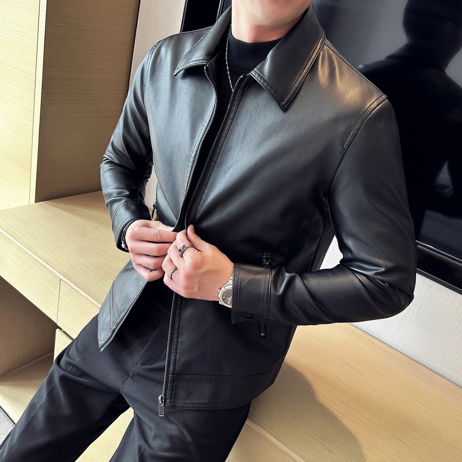 Mens Biker Clothes Slim Fit Casual Leather Jackets Trendy Mens Jackets Fashion Brand Vintage Leather Coats Men's Motorcycle Coat