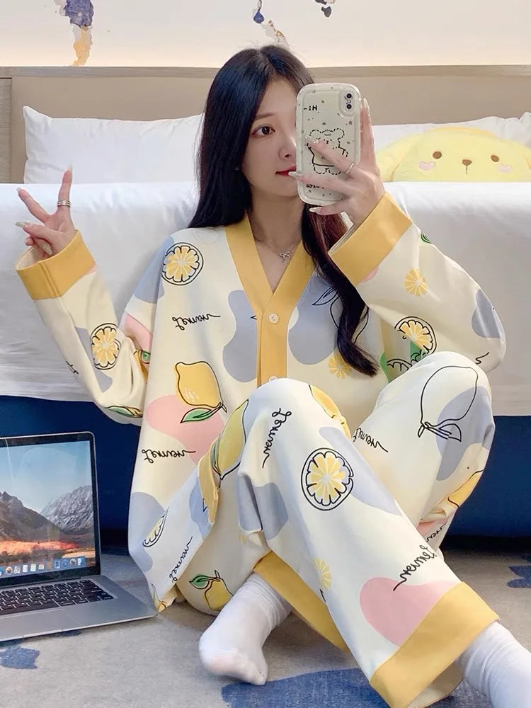 Y2k Women's 100% POLYESTER Pajamas with Cartoon Print Korean Fresh Ins Style Harajuku Lounges 2pcs 2024 New Spring/fall Homewear