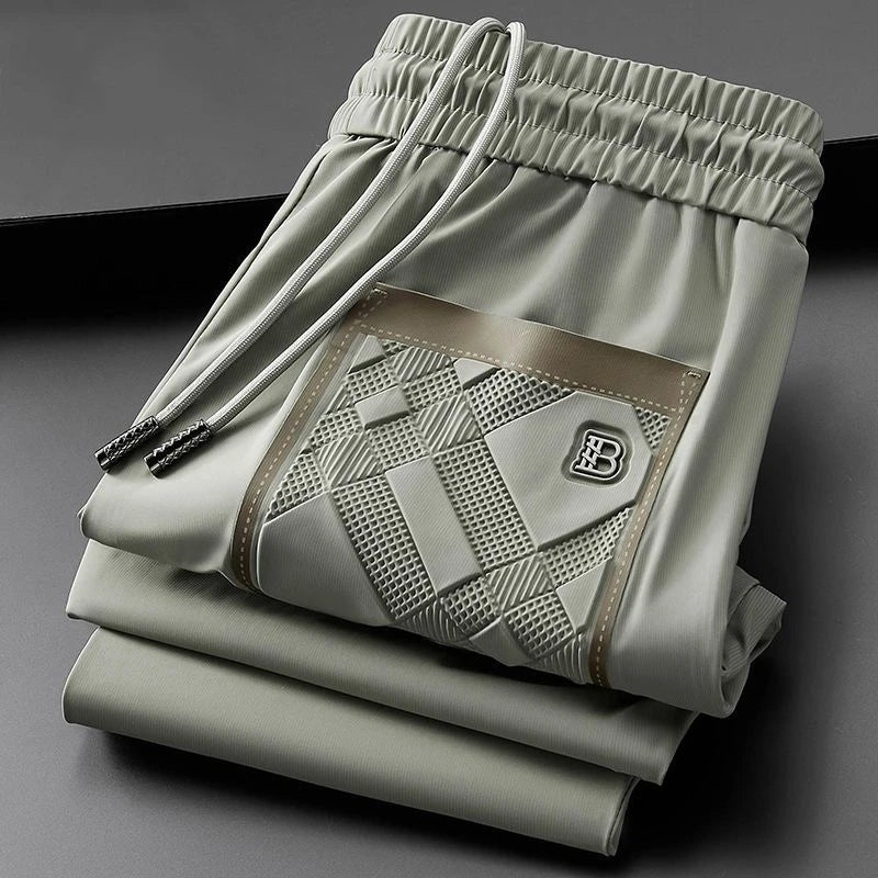High end brand men's fashionable embroidered casual pants 2024 summer new cool silk breathable luxury solid color sports pants
