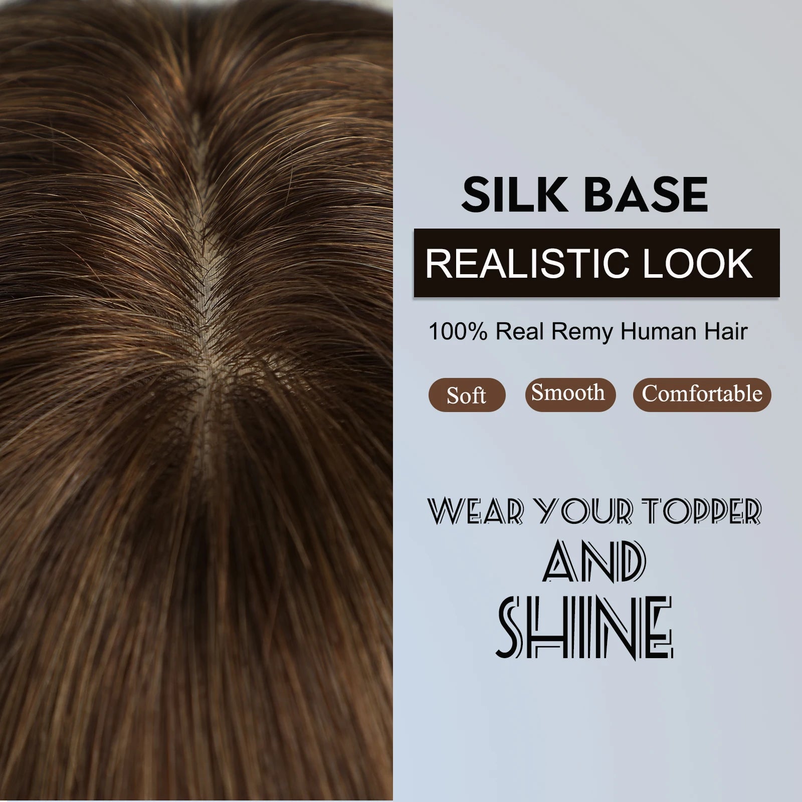 14 Inch Brown Silk Base Remy 100%Human Hair Toppers Clip-In Top Hairpiece for Women Natural Straight Hair Extensions