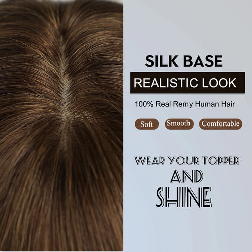 14 Inch Brown Silk Base Remy 100%Human Hair Toppers Clip-In Top Hairpiece for Women Natural Straight Hair Extensions