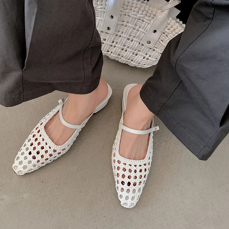 NEW Summer Women Mules Fabric Shoes for Women Pointed Toe Chunky Heel Shoes Cover Toe Slingback Shoes Soft Hollow Modern Sandals