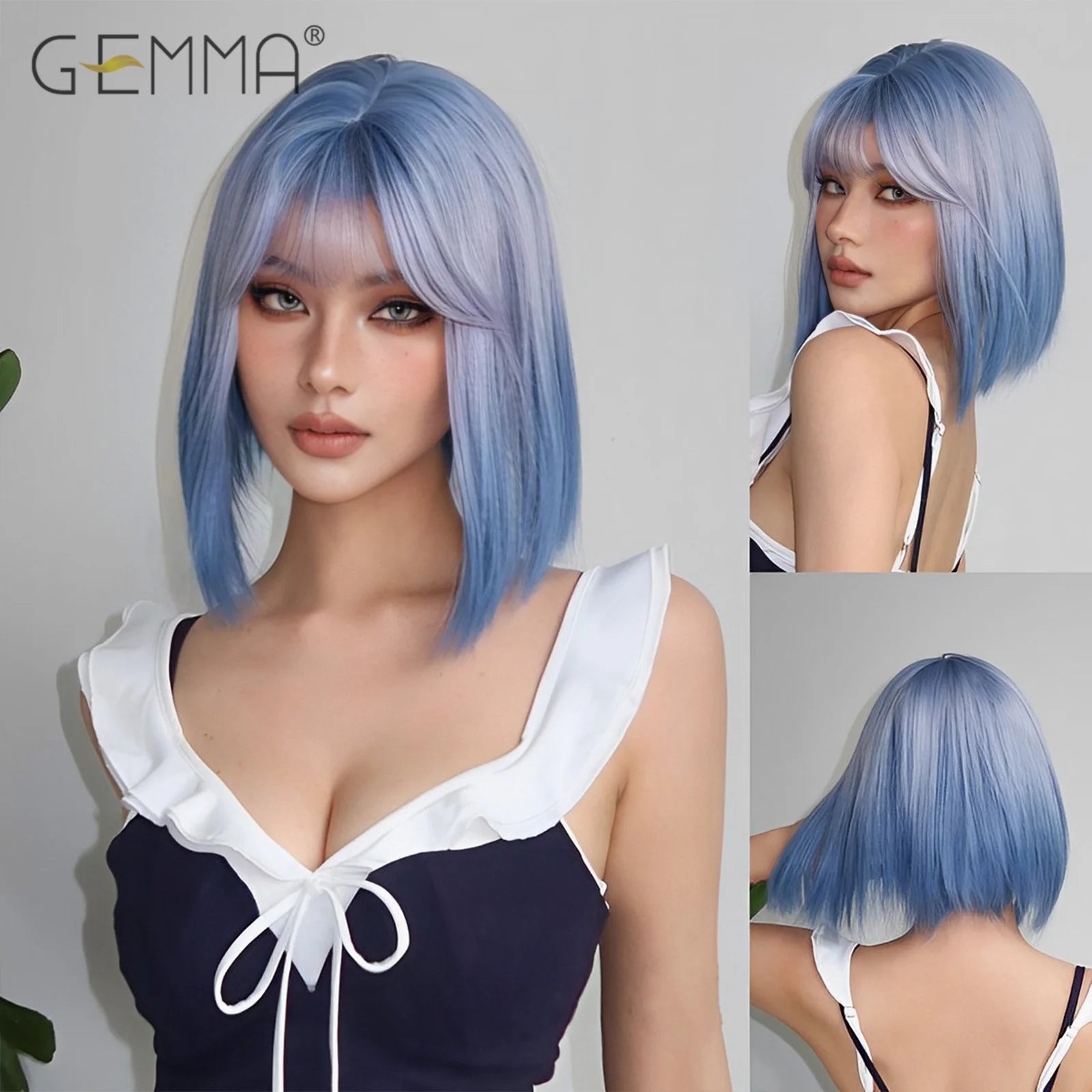 GEMMA Dark Brown Bob Synthetic Natural Hair Wig with Fluffy Bangs for Women Short Straight Wigs Heat Resistant Daily Cosplay Wig