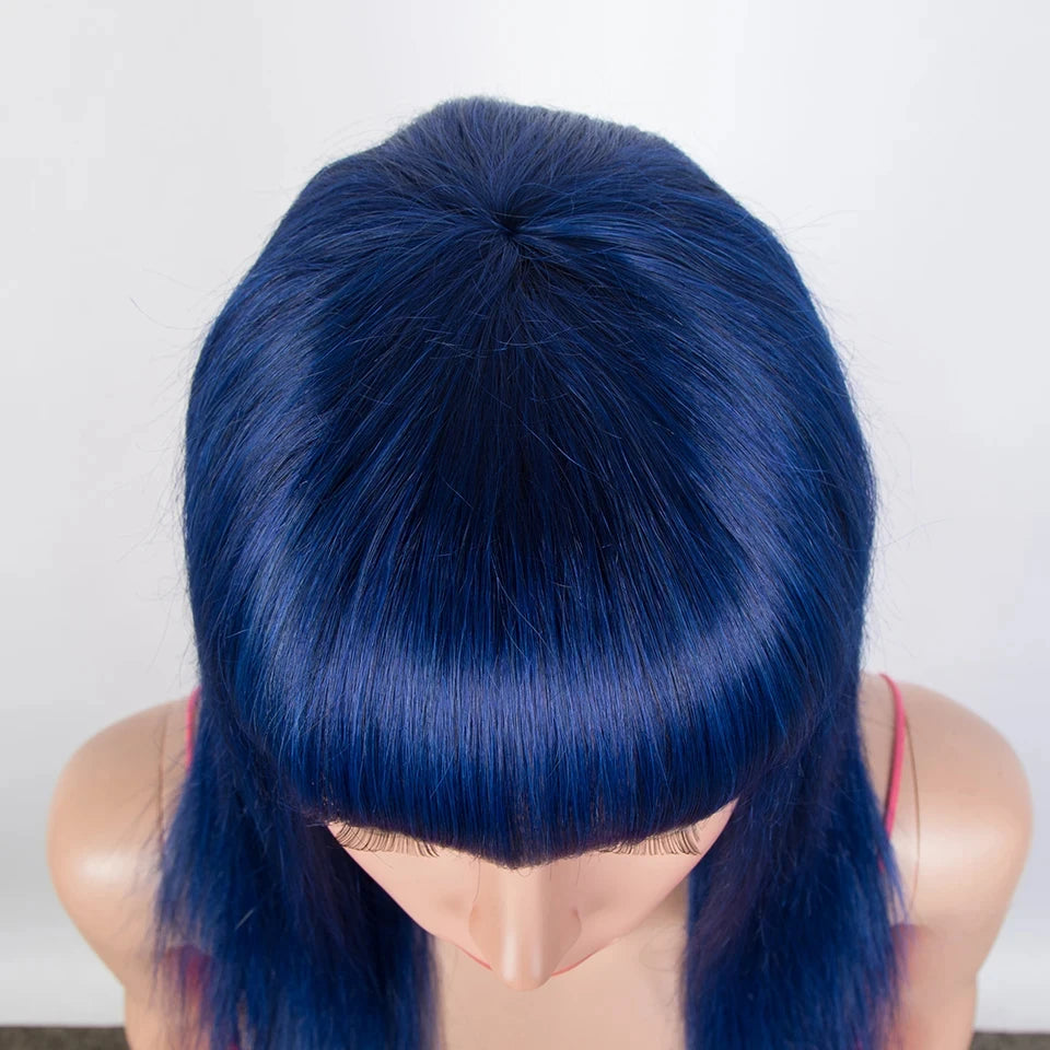 Brazilian Straight Human Hair Wig With Bangs Royal Blue Wear To Go Glueless 100% Remy Human Hair Wigs Full Machine Wig For Women