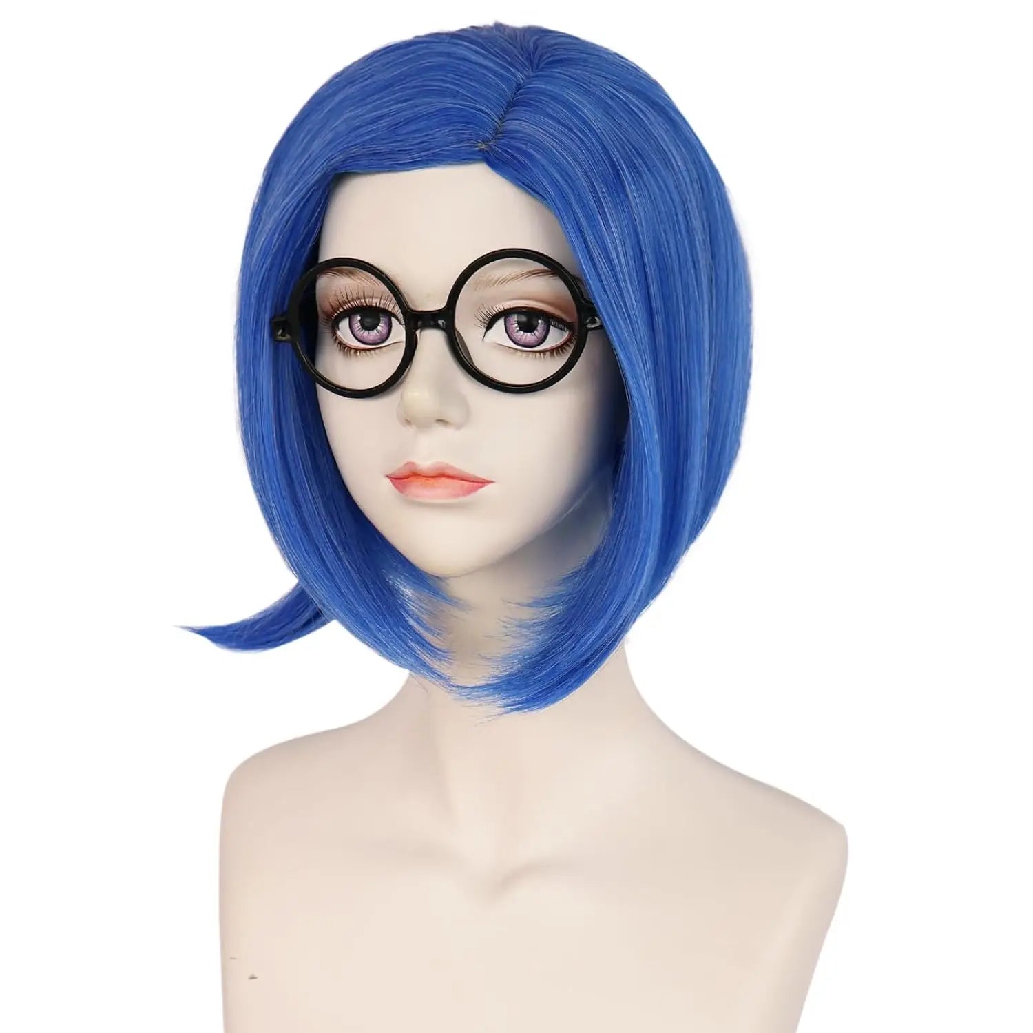 Synthetic Blue Sadness Wig【+Wig Cap+Glasses】Short Blue Bob Wigs Cosplay Wig Women Straight Blue Wig Costume Outfit Halloween