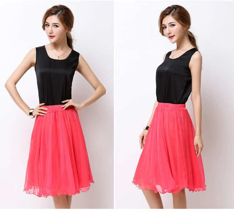 Summer Women Silk Tutu Skirts Chiffon Pleated Dance Beach Wedding Party Skirt Black White Elastic High Waist Midi Skirts