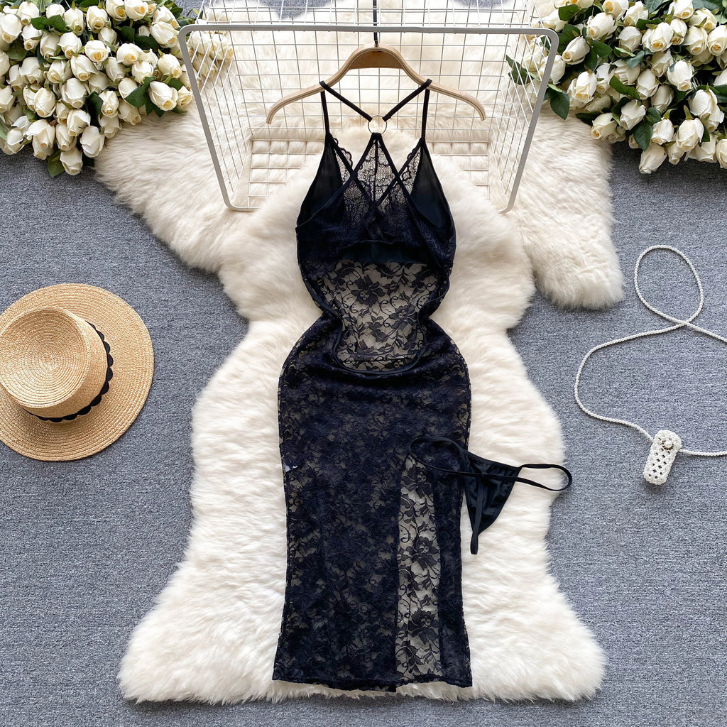 SINGREINY Summer France Sensual Night Dress Erotic Hollow Out Camis Lingerie Nightwear Women Split Slim Sheer Lace Pajamas Dress