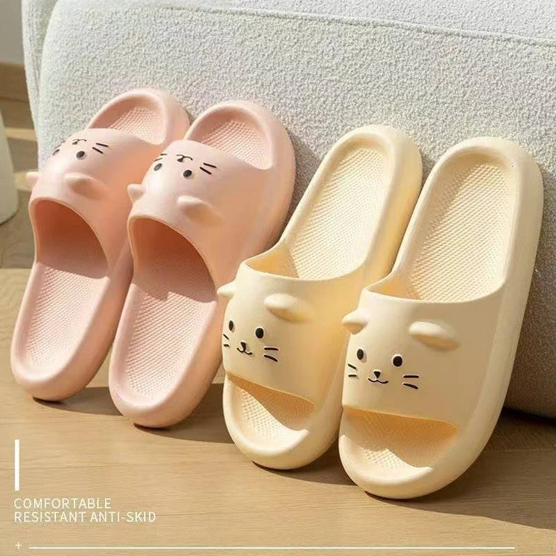 Printting Cute Cat Women Slippers Summer Indoor Soft Cartoon Sandals Bathroom Anti-slip Outdoor Comfy Men Leisure Shoes Couple