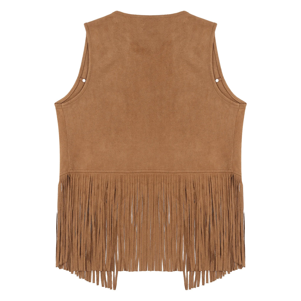 Mens Faux Suede Tassel Vest Coat Punk Western Cowboy Costume Fashion Rivets Fringe Waistcoat Open Front Sleeveless Jacket Tops