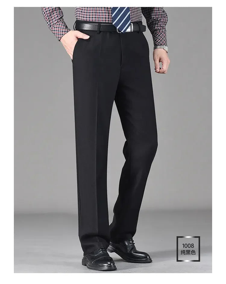 Vintage Autumn Winter Thicken Wool Fleece Suit Pants Men Middle Age High Waist Straight Loose Business Casual Straight Trousers