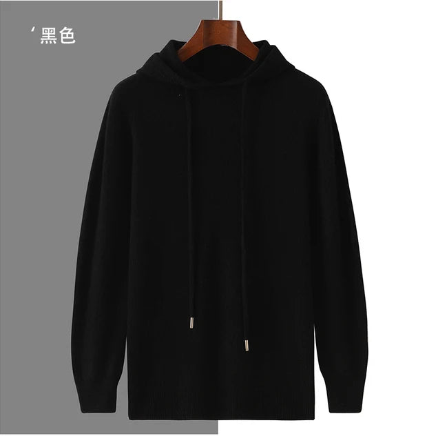 Men's Autumn Winter 100% Merino Wool Sweater Hooded Collar Knitted Pullover Cashmere Sweatshirt Casual Large Tops Long Sleeved