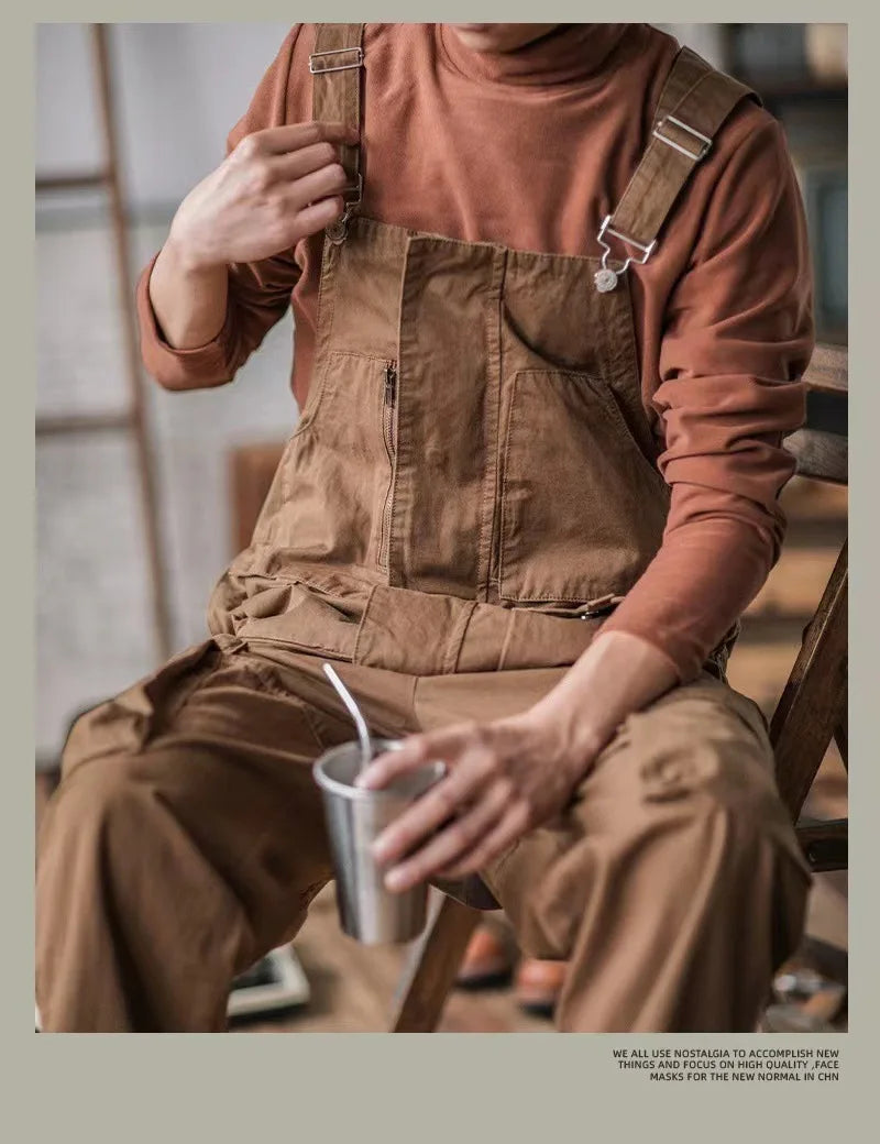 Retro American Cotton Overalls Loose Jumpsuit Men's Cargo Pants Men Suspenders Bibs Four Seasons Full Length Baggy Pants