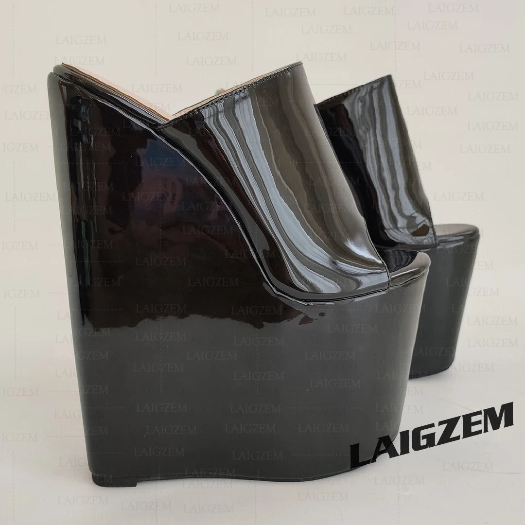 LAIGZEM Women Pumps Wedges Slip on Peep Toe 22CM High Heels Mules Party Ladies Height Increase Shoes Woman Large Size 41 44 48