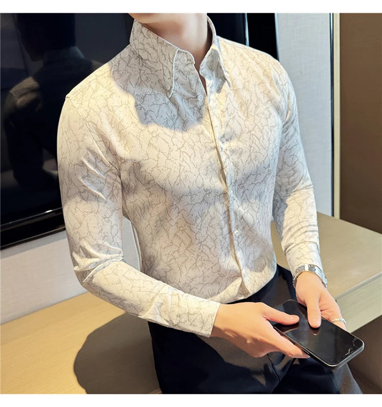 Men Dress Shirt 2024 Solid Casual Long Sleeve Slim Fit Print Shirt Fashion Formal Social Banquet Tuxedo Wedding Men Clothing