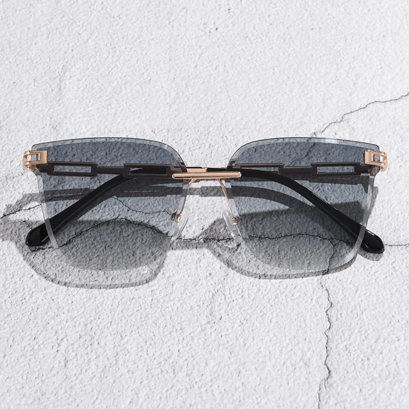 New Sunglasses Women Rimless Cat Eye Eyewear Gradient Brown Cutting Lens Sun Glasses For Female Alloy Eyeglasses Brand Designer