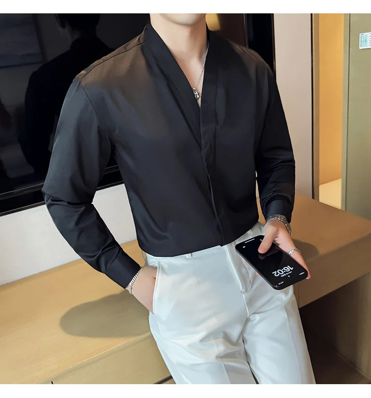 High Quality Collarless Shirts Men Fashion Slim Fit Long Sleeve Casual Shirts Business Office Social Formal Shirt Men Clothig