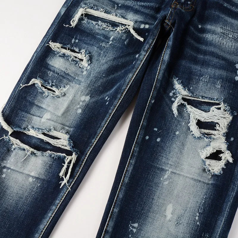 Washed and Made Old Cat Whisker Patch Ripped Elastic Slim Pants Ink Splashing Jeans for Men