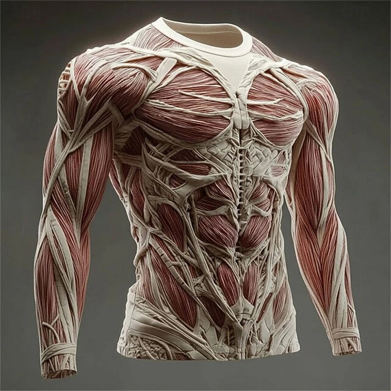 2026 New Men's Creative Muscle Texture Print T-Shirt Quick-Dry Crew Neck Long Sleeve Top Men's Casual Long Sleeve Pullover