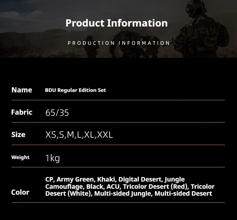 Desert & Jungle Outdoor Camouflage Uniform Tactical Uniform Combat Hunting Suit BDU Training Jacket and Pant