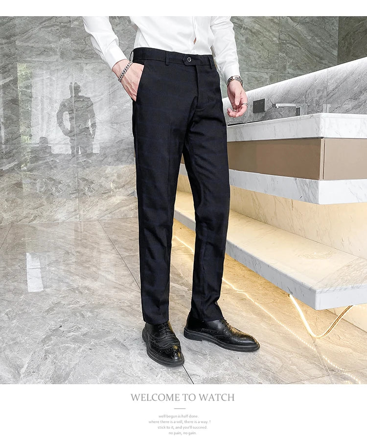 2025 New Burgundy Navy Plaid Casual Suit Pants for Men, Beige/Blue Vertical Stripe Non-Iron Slim Small Leg Work Trousers Men