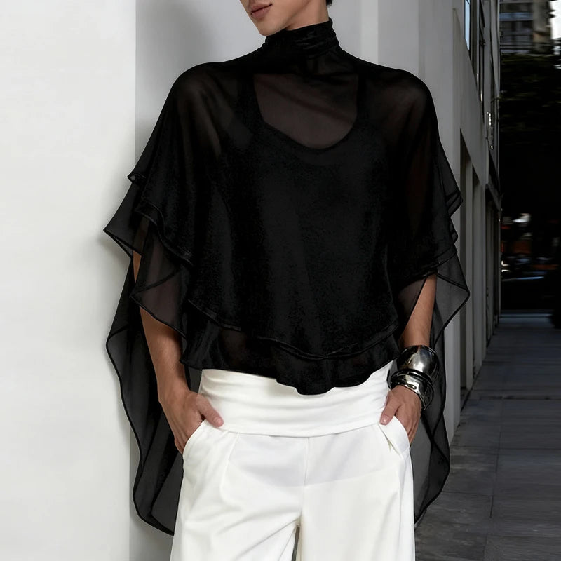 INCERUN Men Irregular T Shirt Solid Color Chiffon Turtleneck Ruffle Male Tee Tops Streetwear Loose Fashion Casual Men Clothing