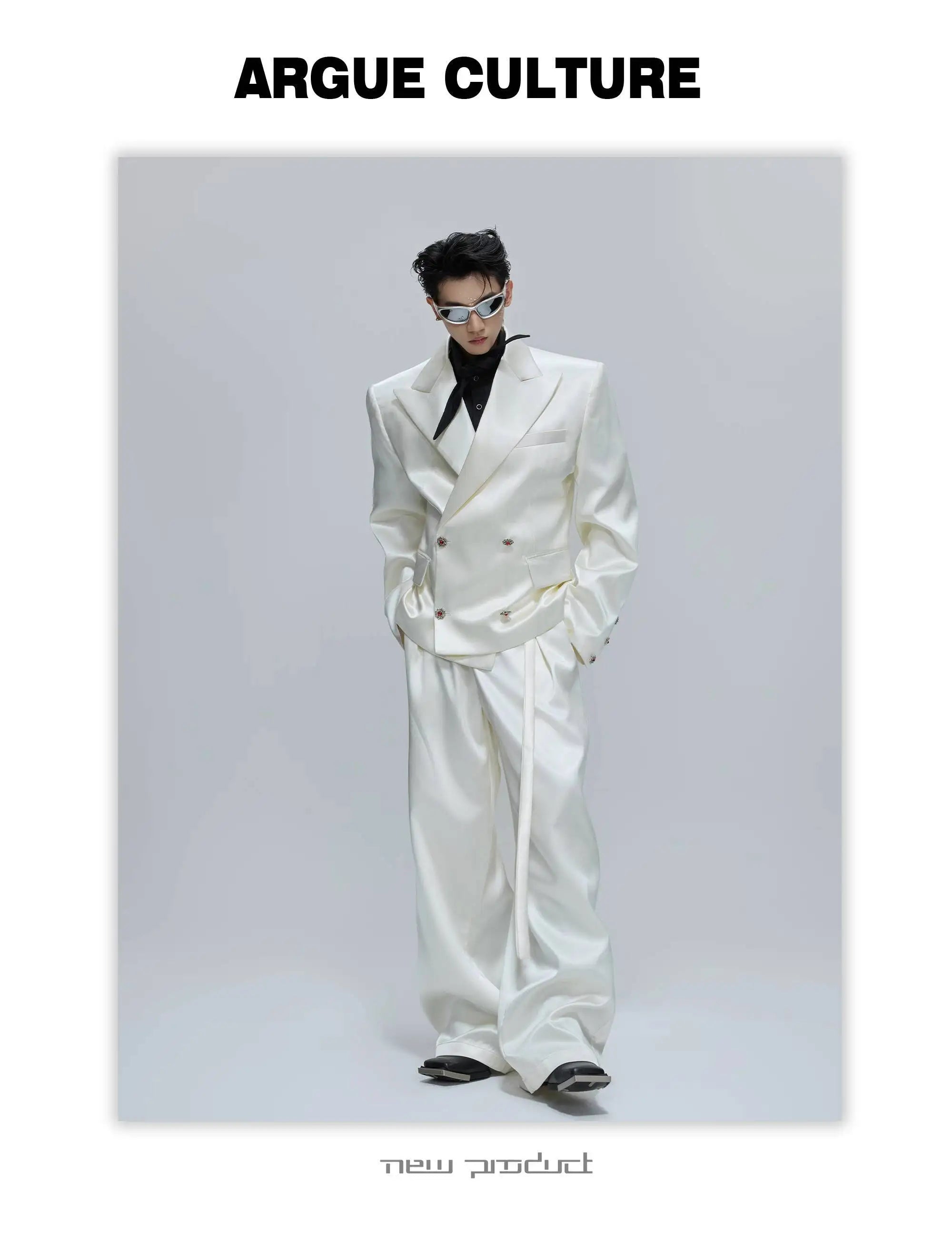 FEWQ Niche Design Men's Suit Sets Lapel Double Breatsed Silhouette Glossy Blazers Wide Leg Belt Chc Button Male Trousers 24K6098