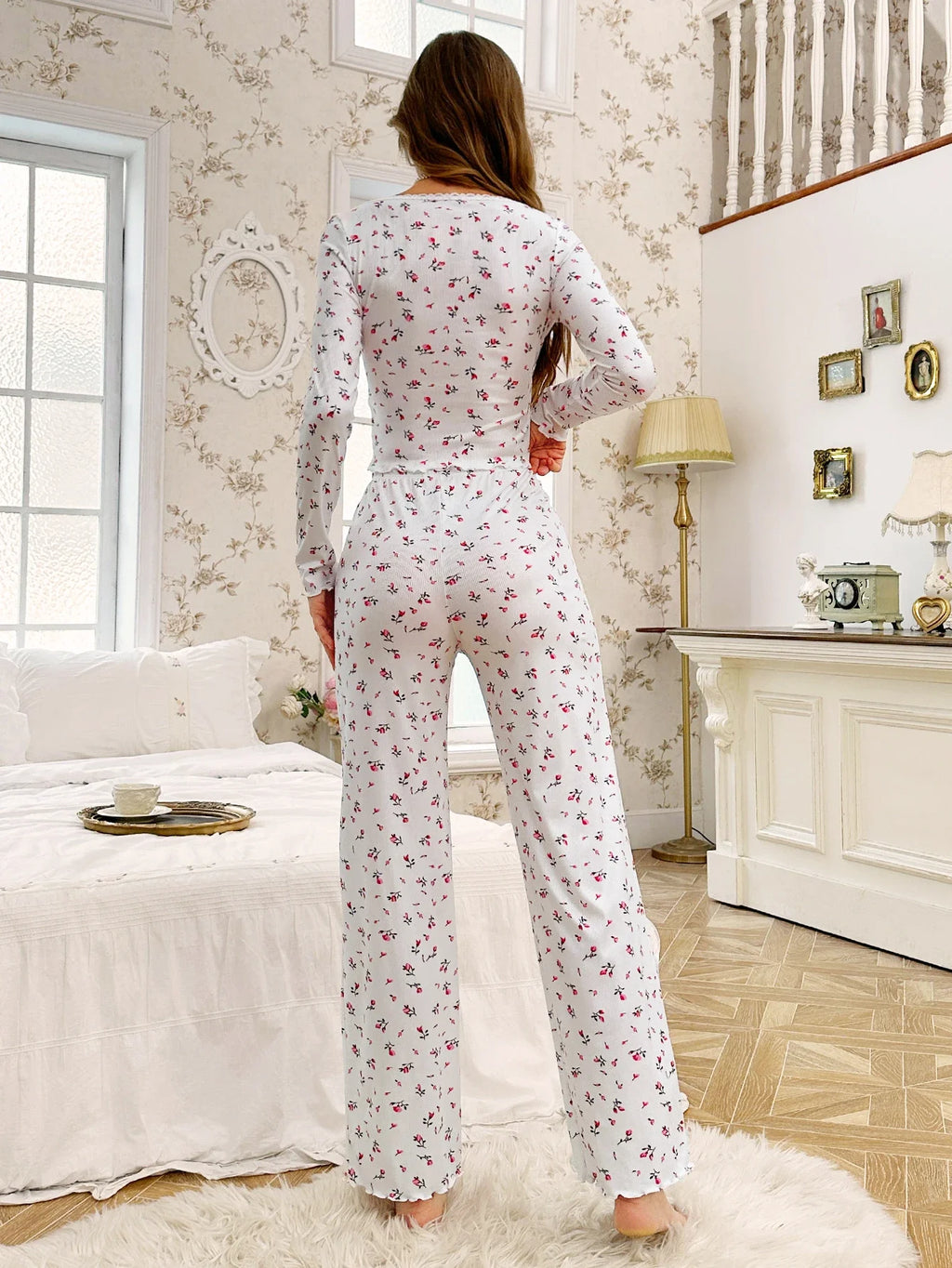 Spring Summer Women's Sleepwear Floral Print Lettuce Trim Pajamas Set Tops and Long Trousers Loungewear Nightwear
