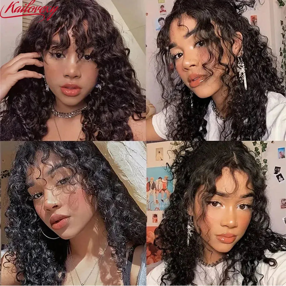 Water Wave Wig with Bangs Human Hair Full Machine Made Scalp Top Wig Glueless Virgin Brazilian Long Curly Wig No Lace for Women